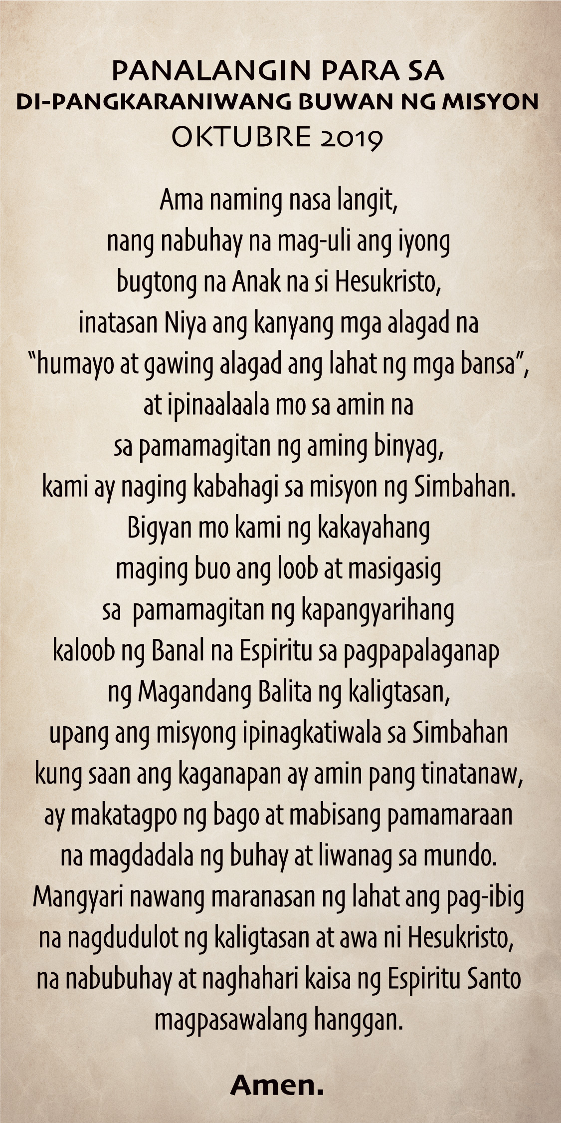 Prayer for the extraordinary mission month October 2019 (English & Tagalog)
